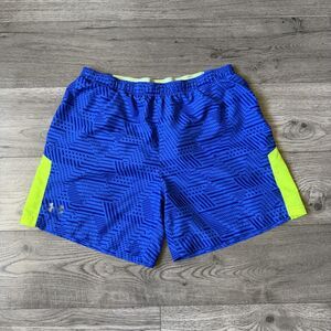Under Armour HeatGear‎ Blue & Neon Yellow Graphic Athletic Shorts - Size XL